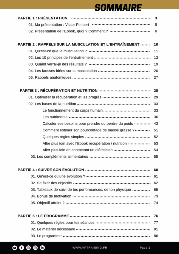 Sommaire Ebook Musculation Elastique - VP Training Club - Tours (37)